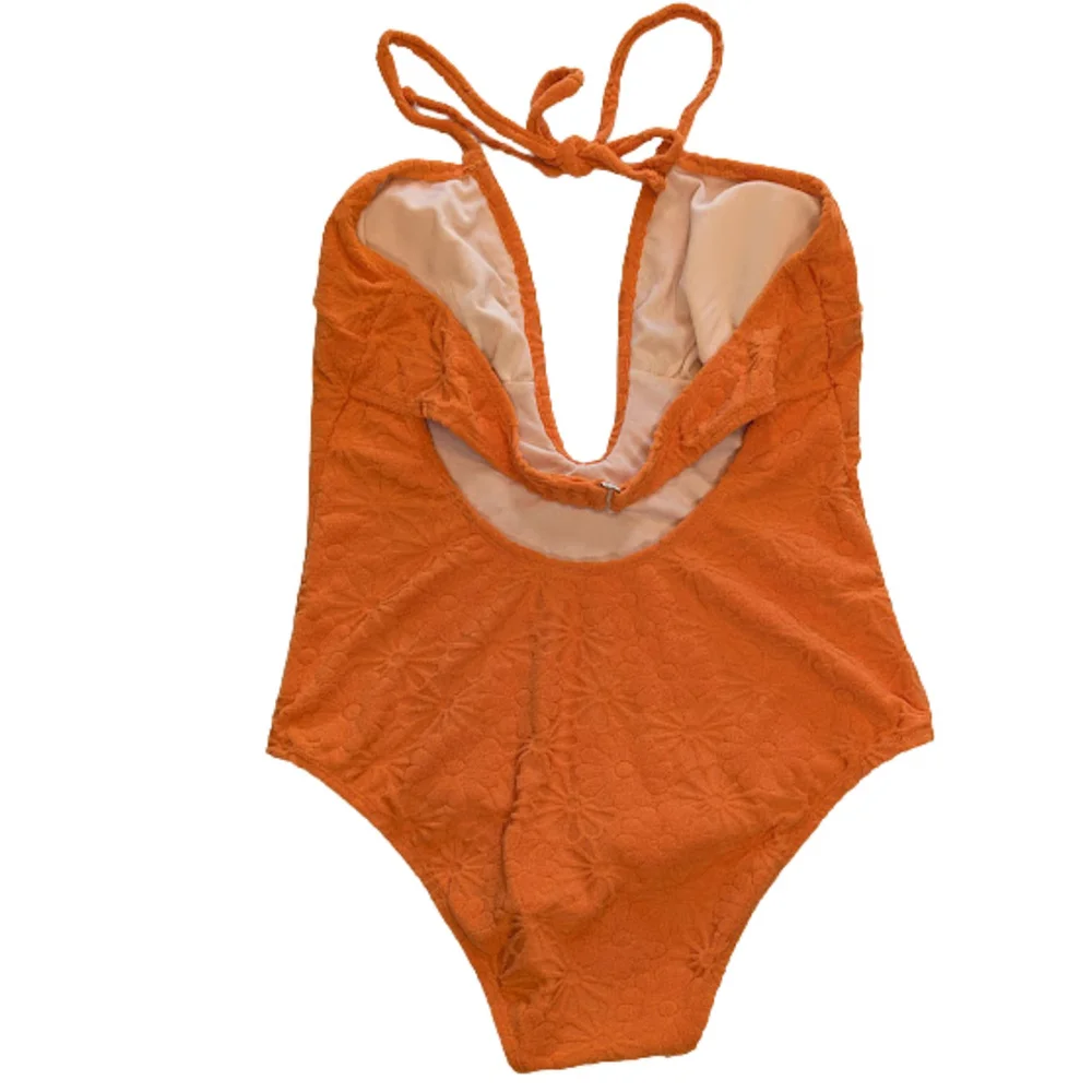 Orange Floral Textured One-Piece Swimsuit • S–M • 70's Vintage Vibe - Picture 2 of 7